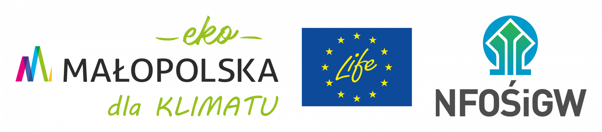 Logo ekoMałopolska dla klimatu, logo programu LIFE, Logo Narodowego Funduszu Ochrony Środowiska i Gospodarki Wodnej